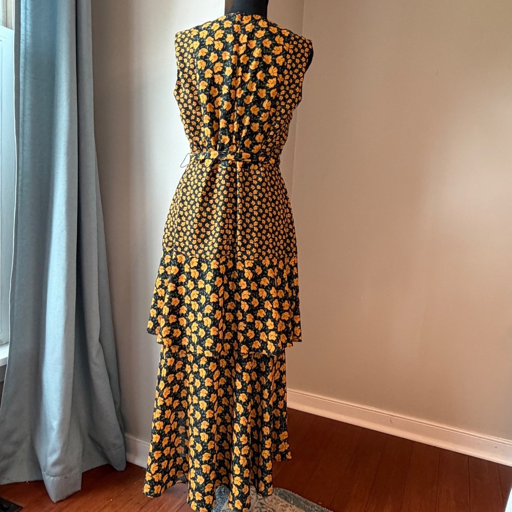 Sam Edelman Tiered Midi Dress Women 8 Black Yellow Floral Ruffle High-Low - Picture 6 of 16